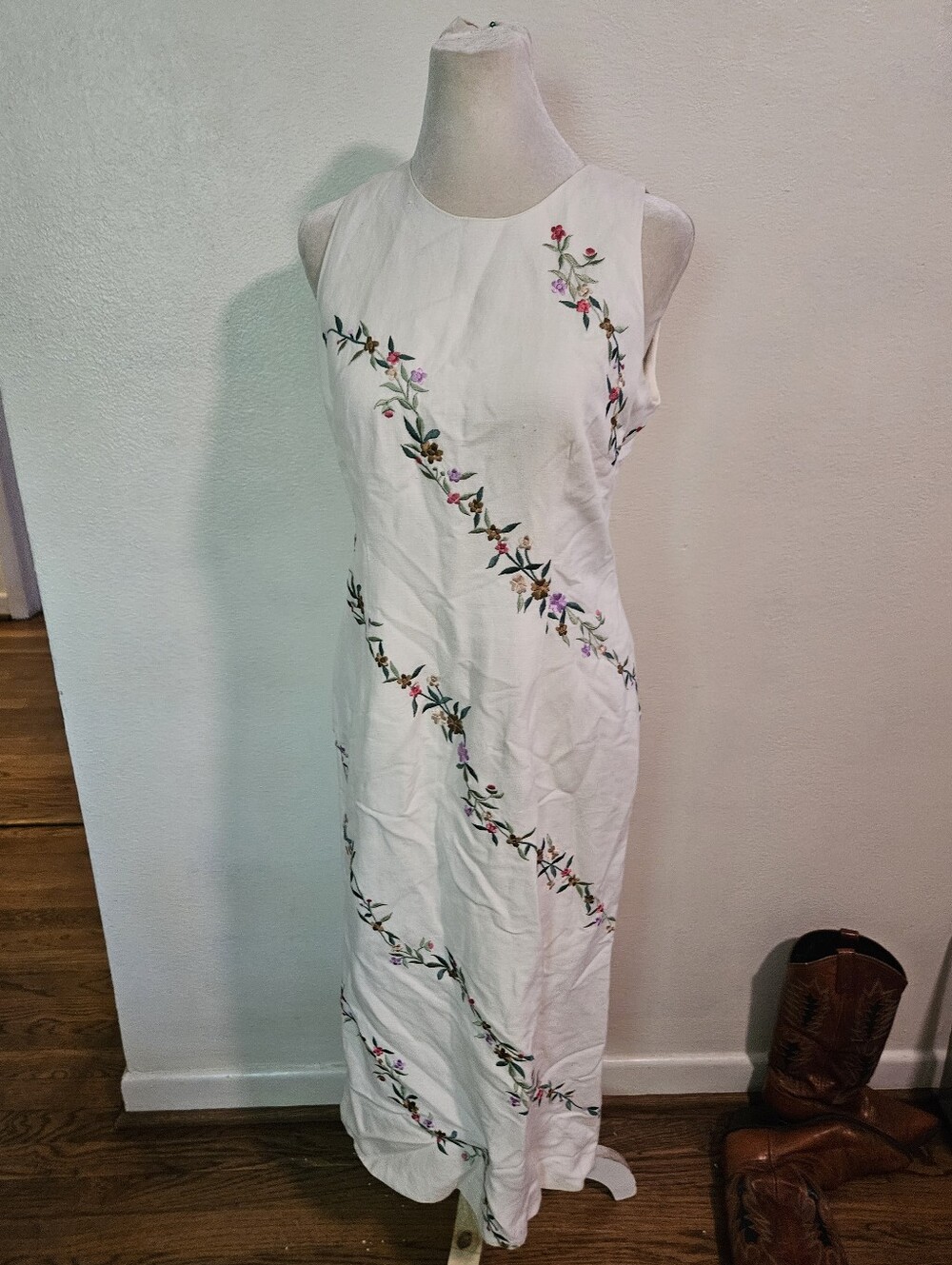 Vintage 90s Y2K Talbots Linen Floral Embroidered Midi Dress 6 Sleeveless